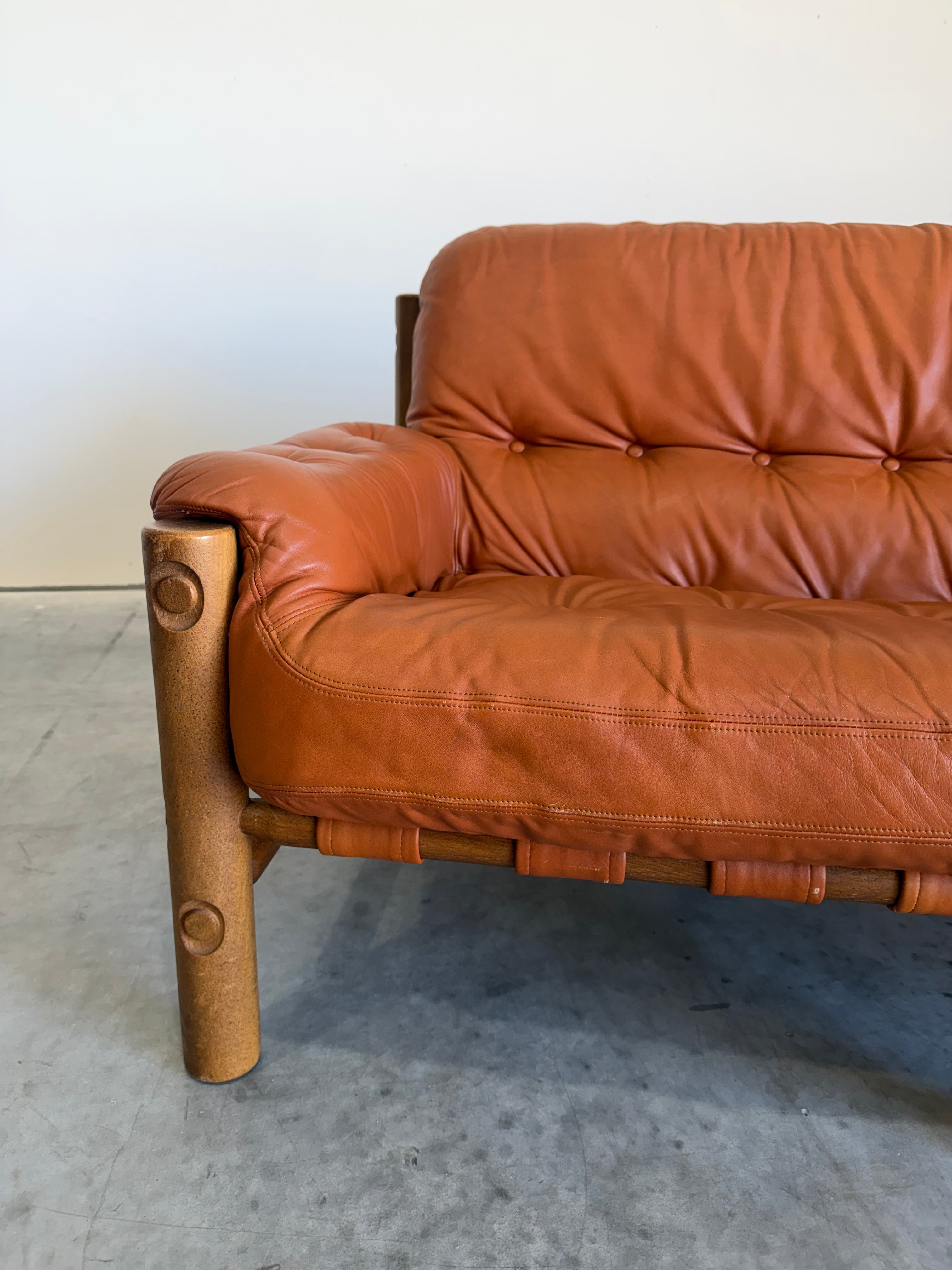 Brazilian Modernist Style Sofa in Cognac Leather and Oak