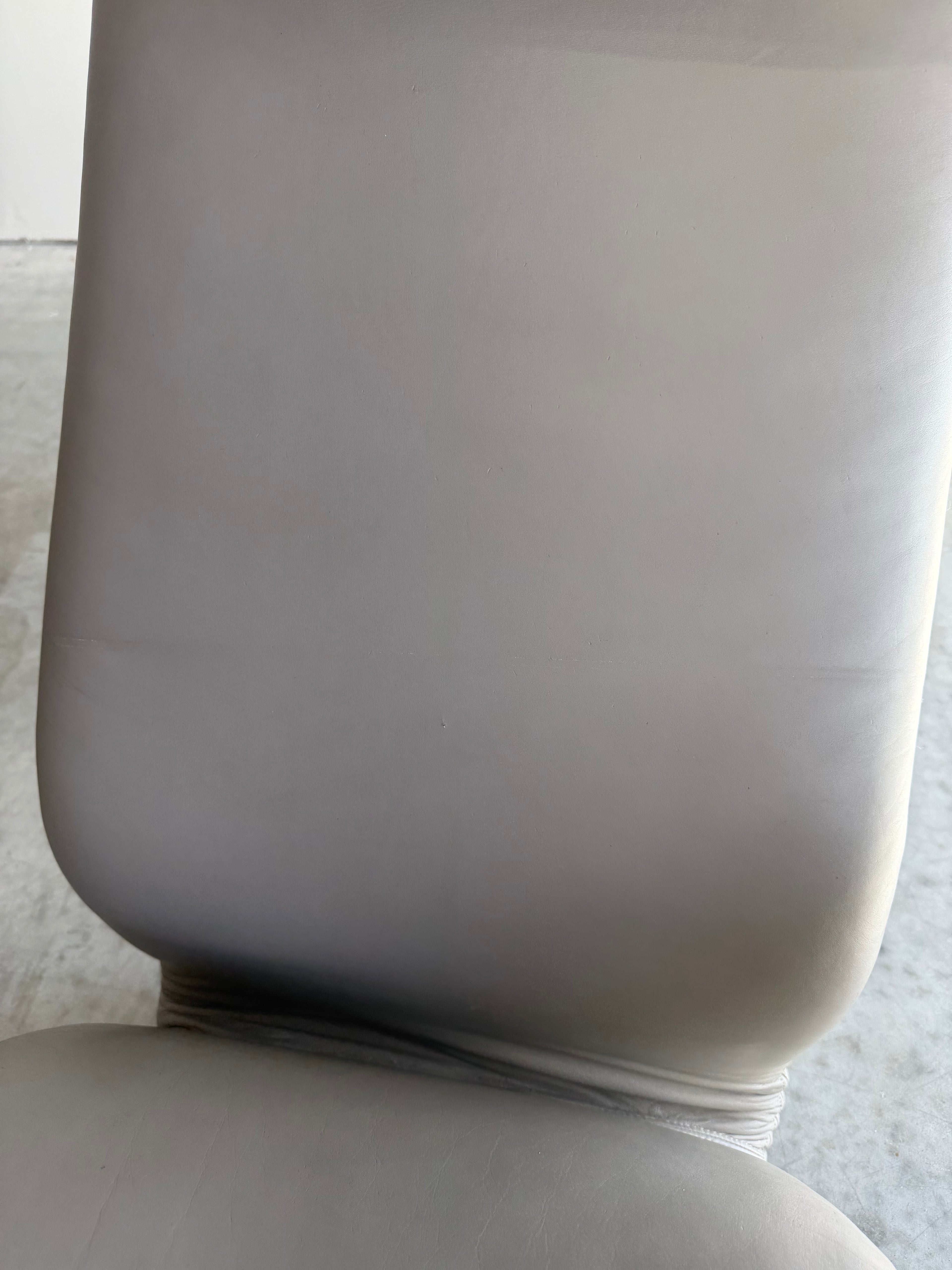 Vintage Sculptural Post Modern Gray Leather Lounge Chair Pair