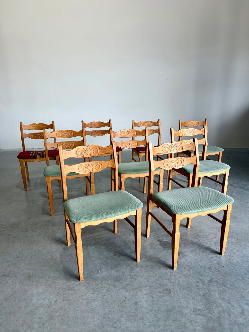 Henning Kjaernulf Danish Oak Carved Back Dining Chairs, Set of 9