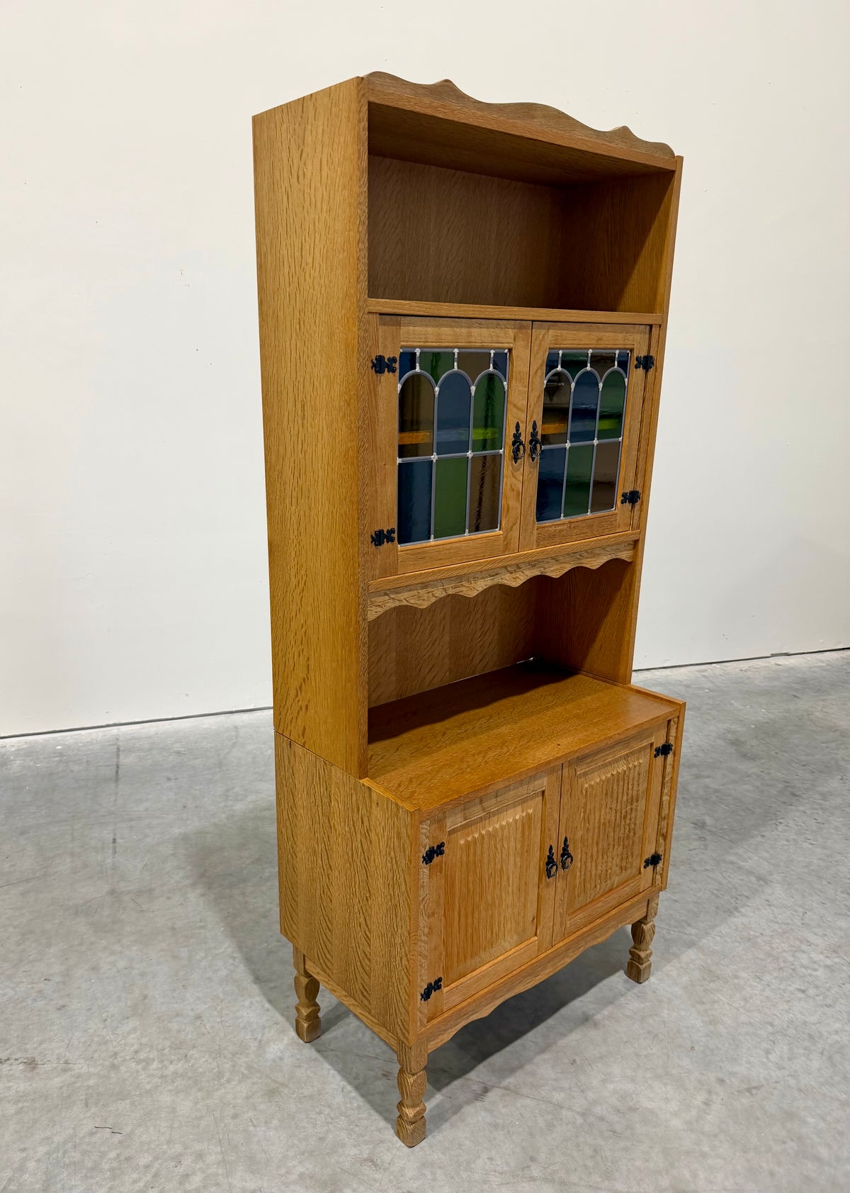 Vintage Henning Kjaernulf Danish Oak and Stained Glass Bookcase Cabinet