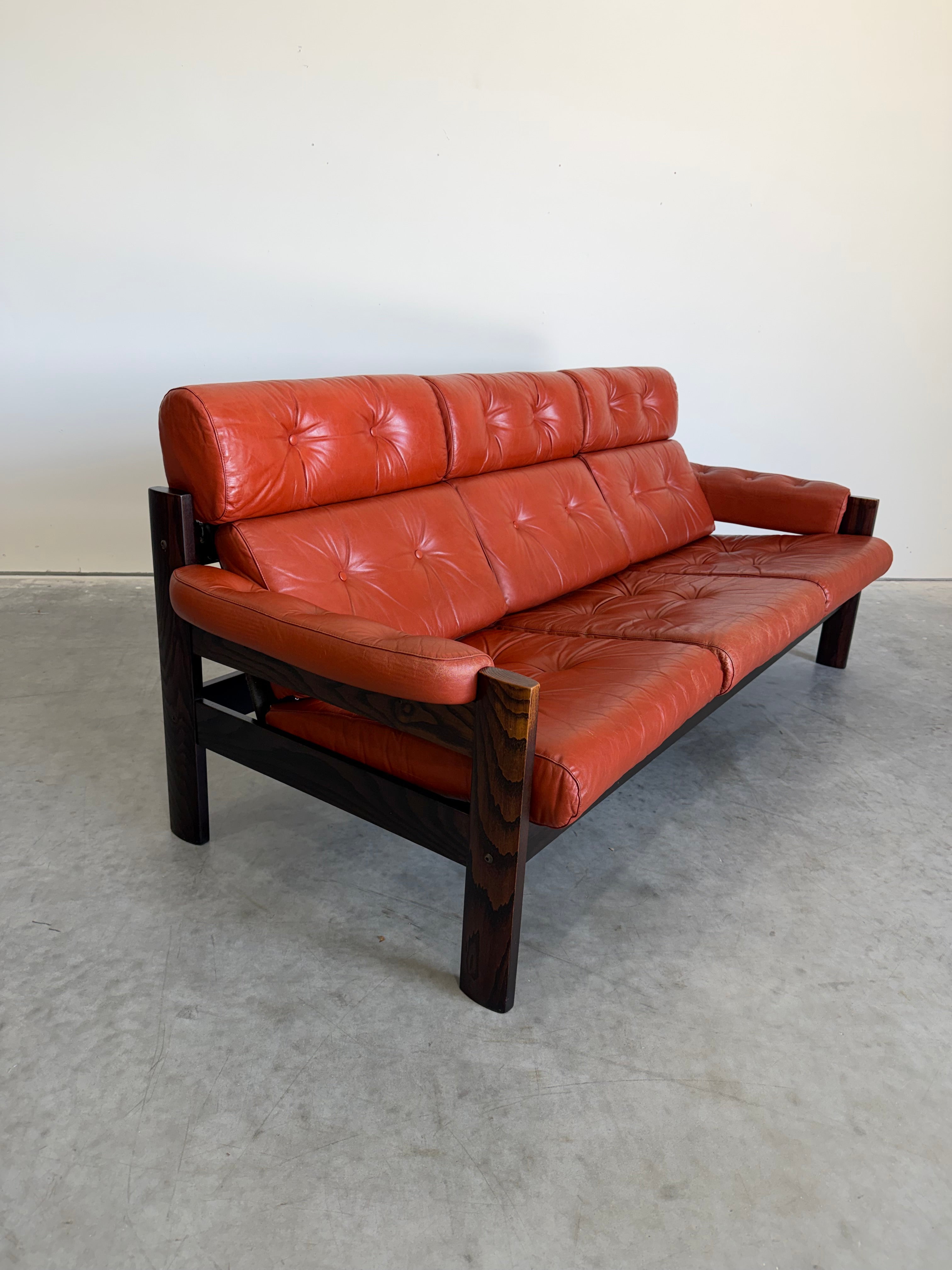 Vintage 3 Seat Orange Leather Sofa by Ekornes Norway