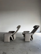 Vintage Sculptural Post Modern Gray Leather Lounge Chair Pair