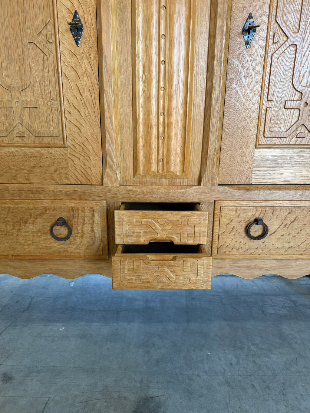 Mid Century Danish Oak Henning Kjaernulf Style Carved Front Tall Sideboard