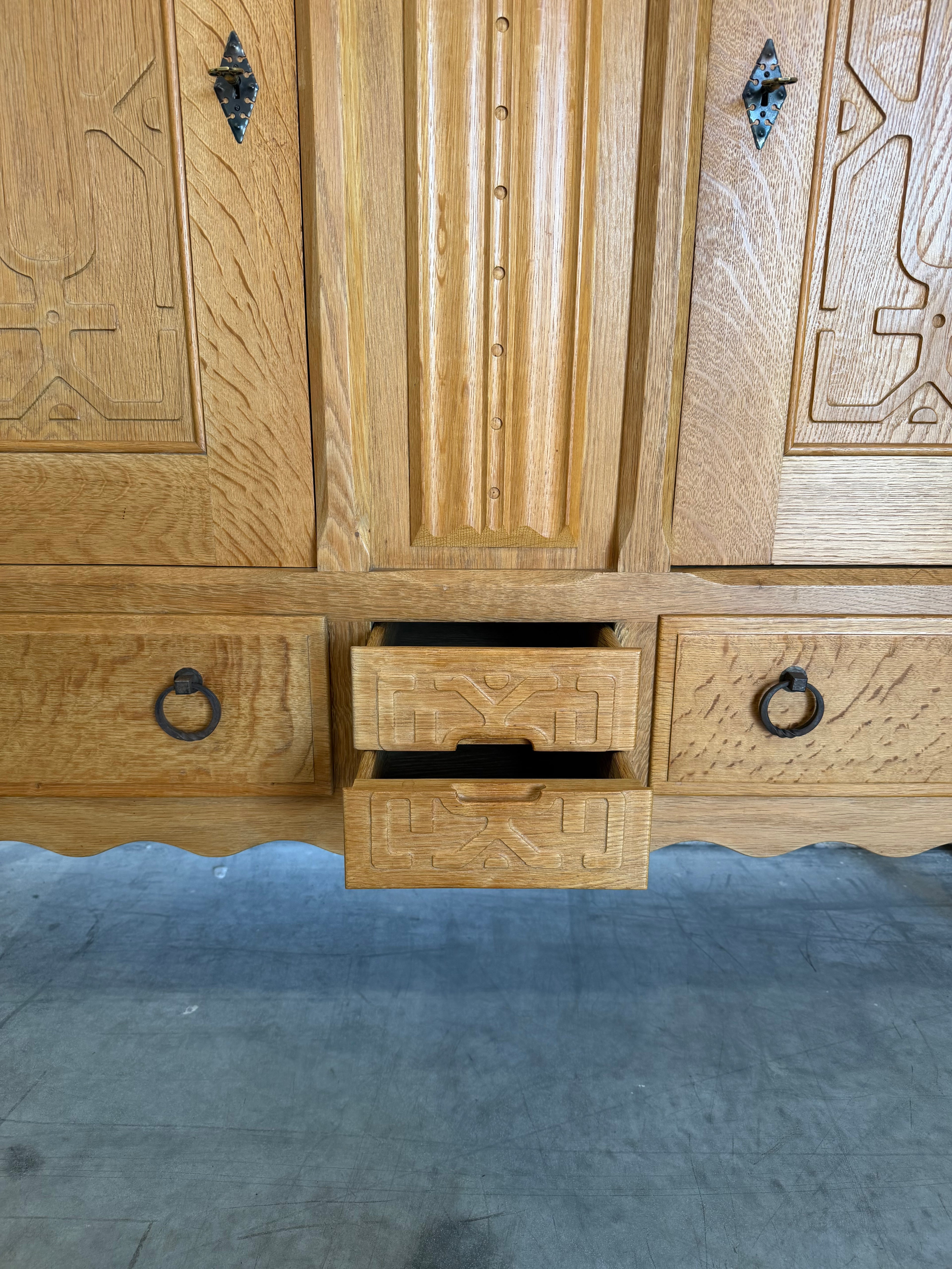 Mid Century Danish Oak Henning Kjaernulf Style Carved Front Tall Sideboard