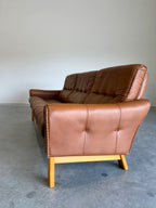 1970’s Danish Caramel Cowboy Leather and Beech 3 Seat Sofa