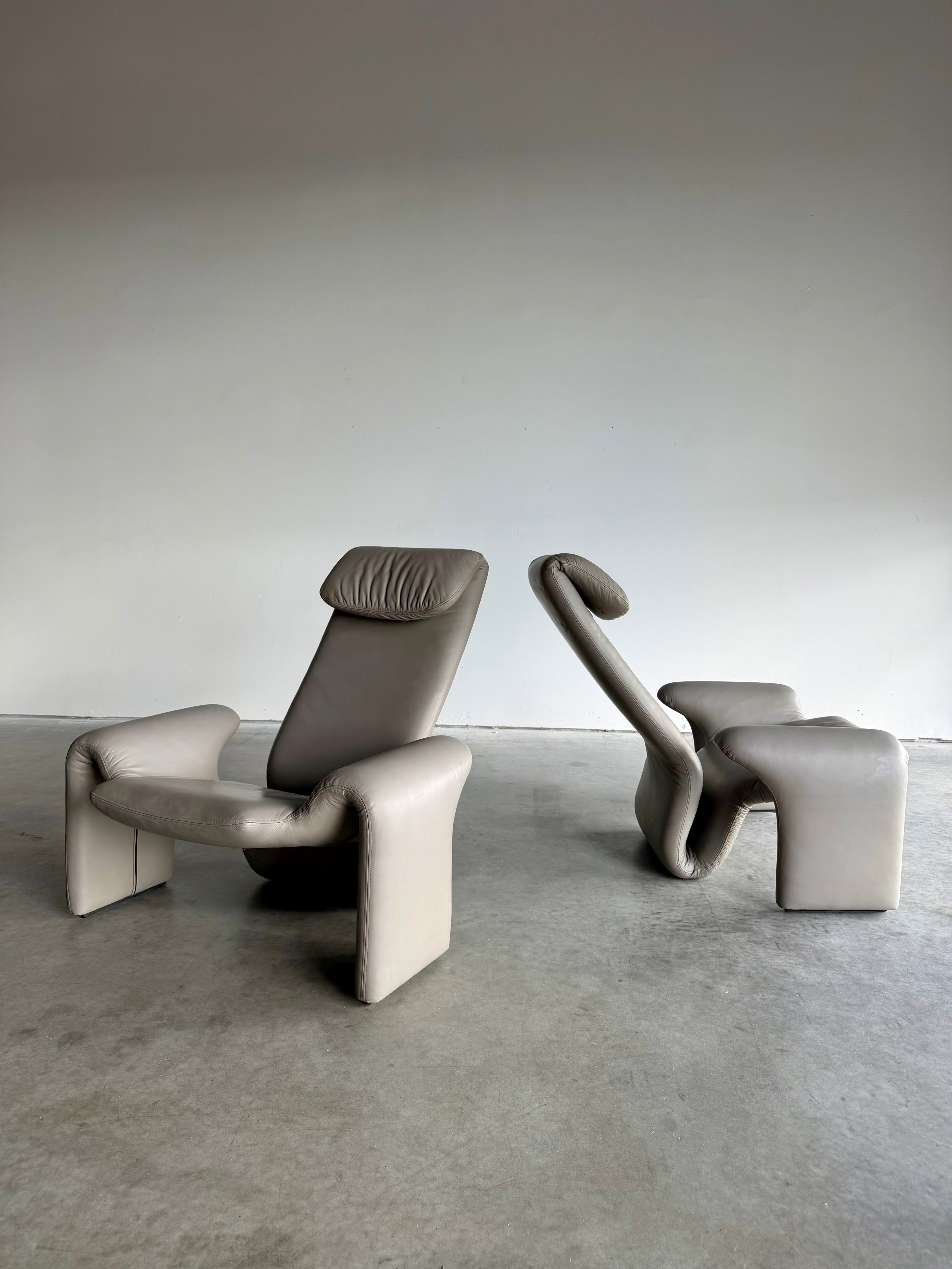 Vintage Sculptural Post Modern Gray Leather Lounge Chair Pair