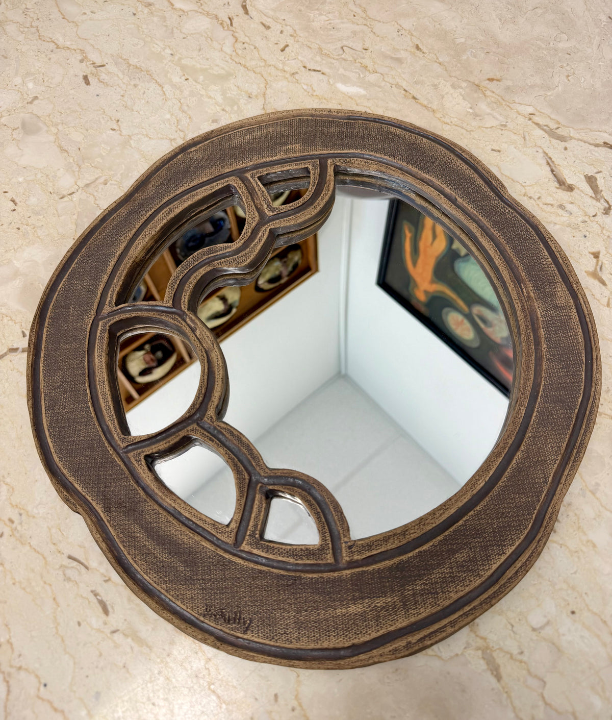 Vintage Brutalist Studio Pottery Wall Mirror, Signed