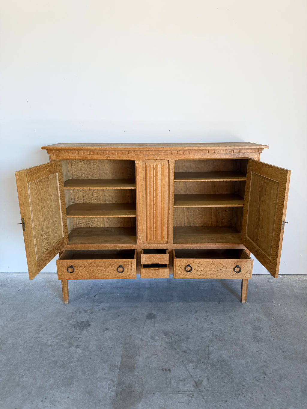 Mid Century Danish Oak Henning Kjaernulf Style Carved Front Tall Sideboard