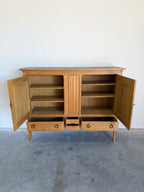 Mid Century Danish Oak Henning Kjaernulf Style Carved Front Tall Sideboard