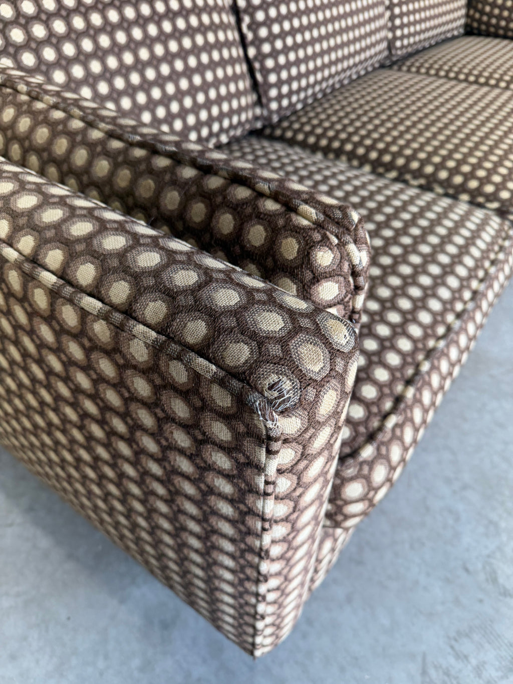 Mid Century Modern Mod Circles Print Plinth Base Sofa