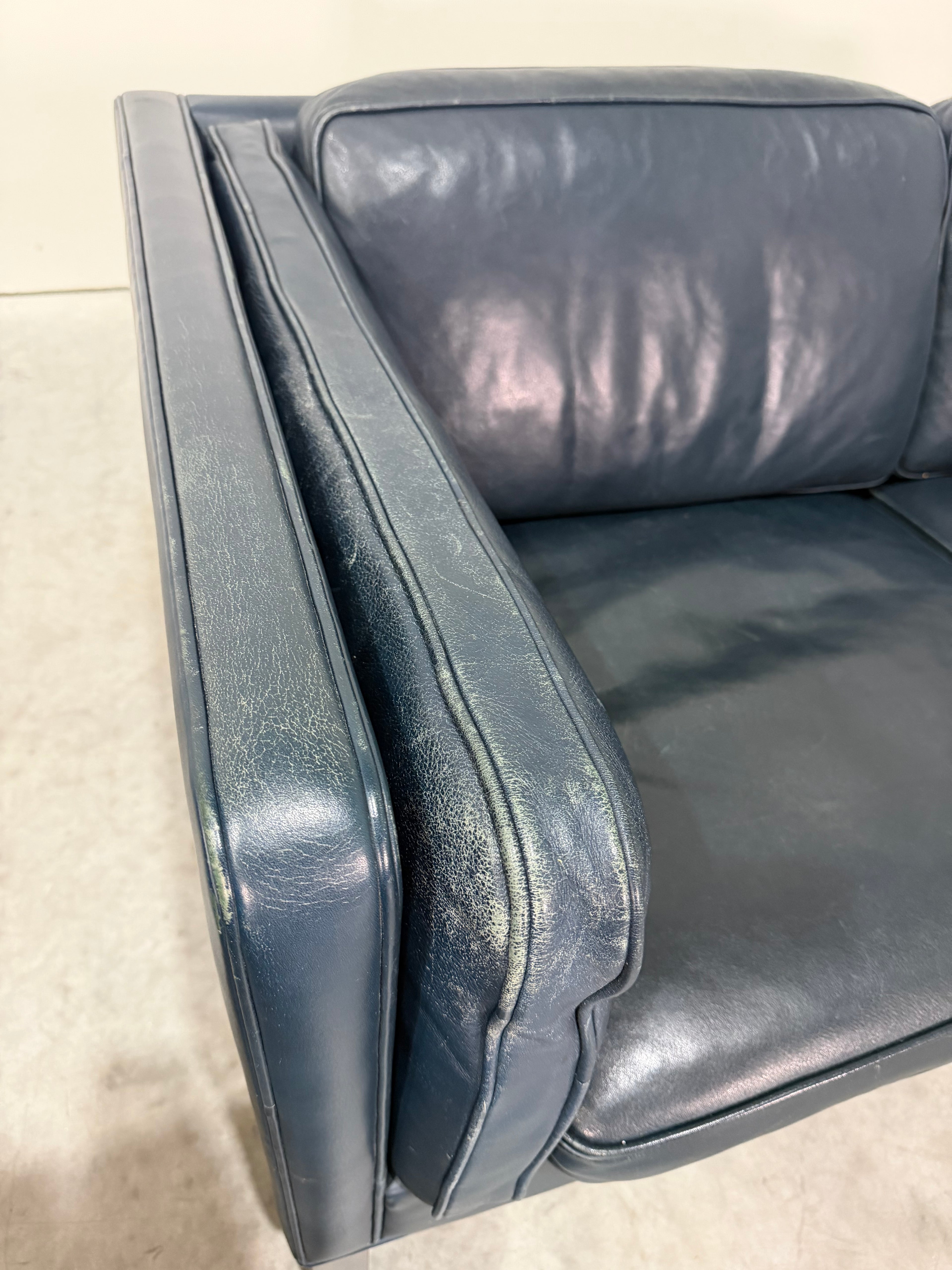 Vintage Navy Leather 2 Seat Sofa by Borge Mogensen