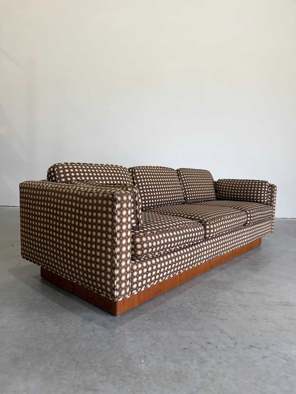 Mid Century Modern Mod Circles Print Plinth Base Sofa