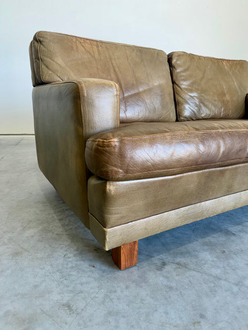 Mid Century Swedish Arne Norell Style Olive Leather and Rosewood Loveseat