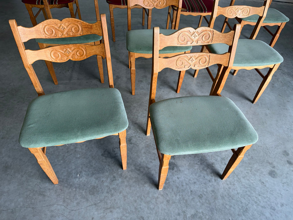 Henning Kjaernulf Danish Oak Carved Back Dining Chairs, Set of 9