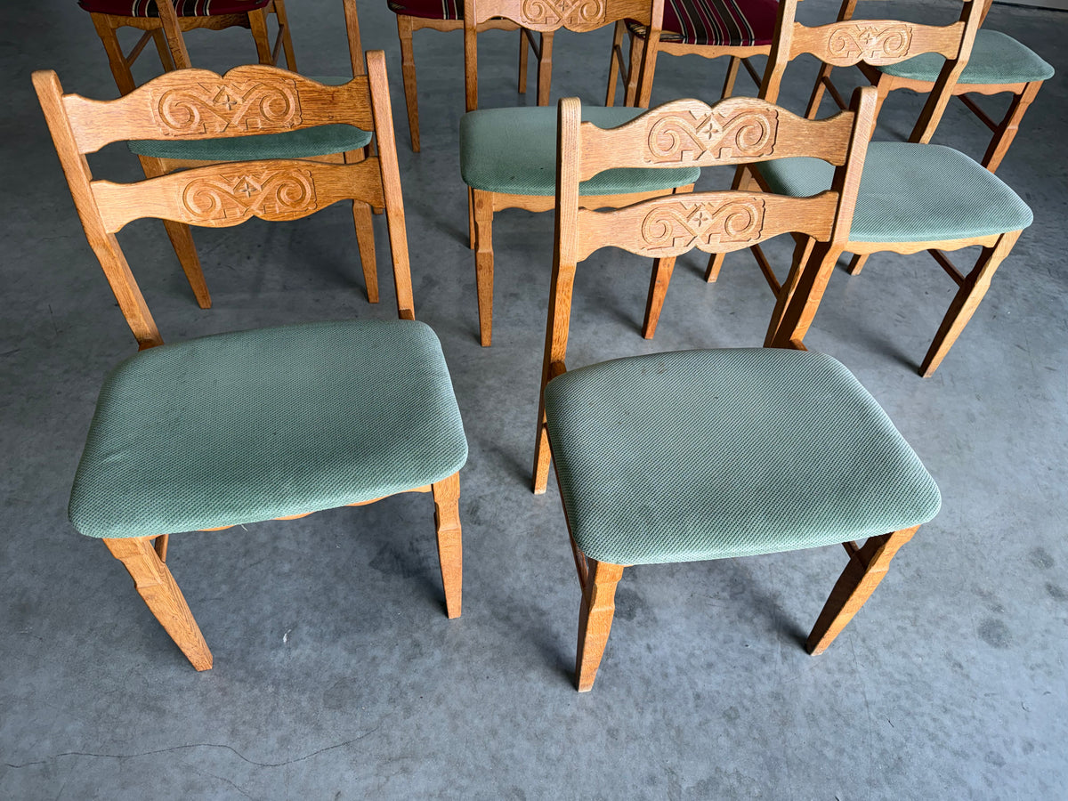 Henning Kjaernulf Danish Oak Carved Back Dining Chairs, Set of 9