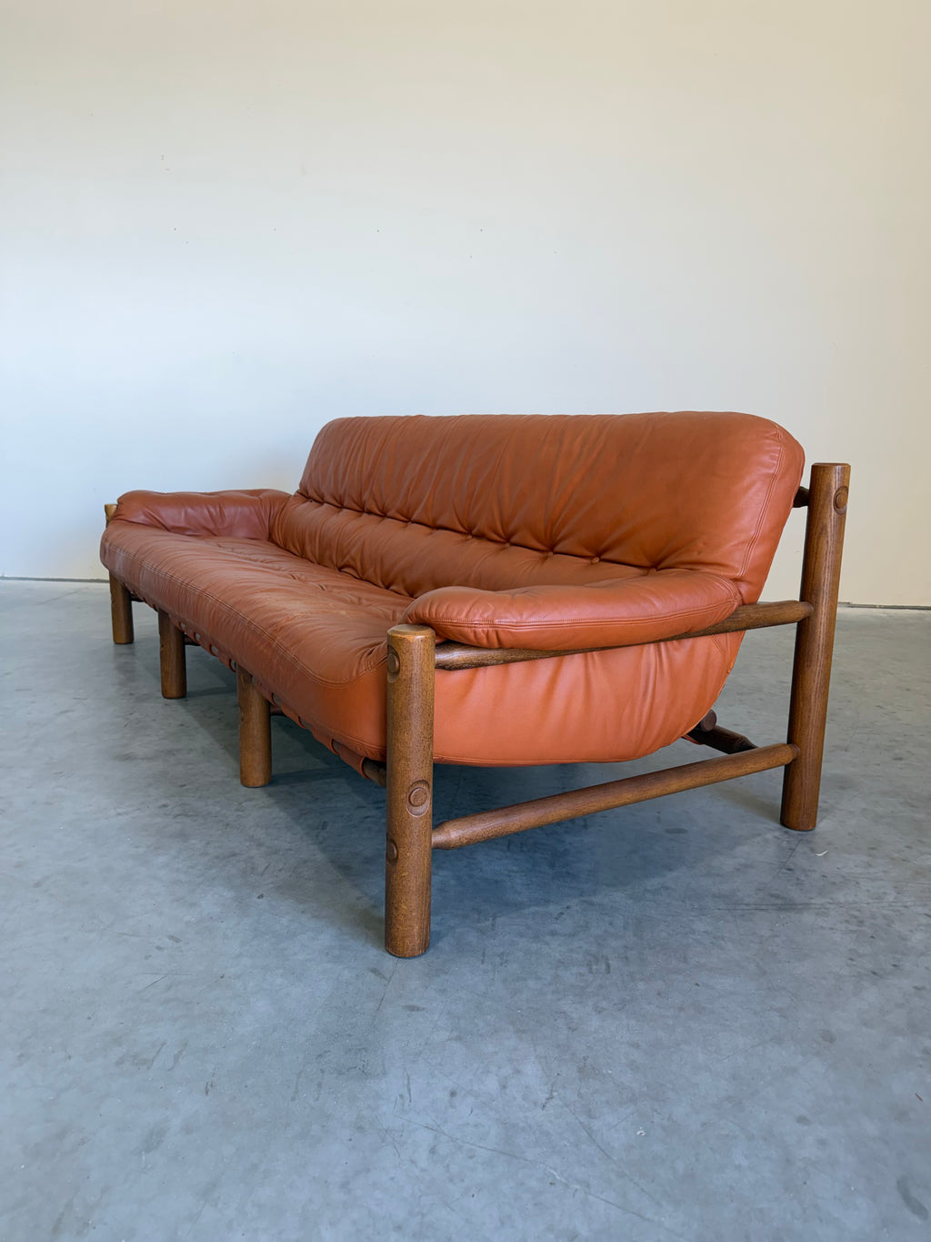 Brazilian Modernist Style Sofa in Cognac Leather and Oak
