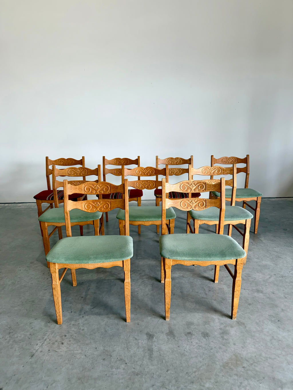 Henning Kjaernulf Danish Oak Carved Back Dining Chairs, Set of 9