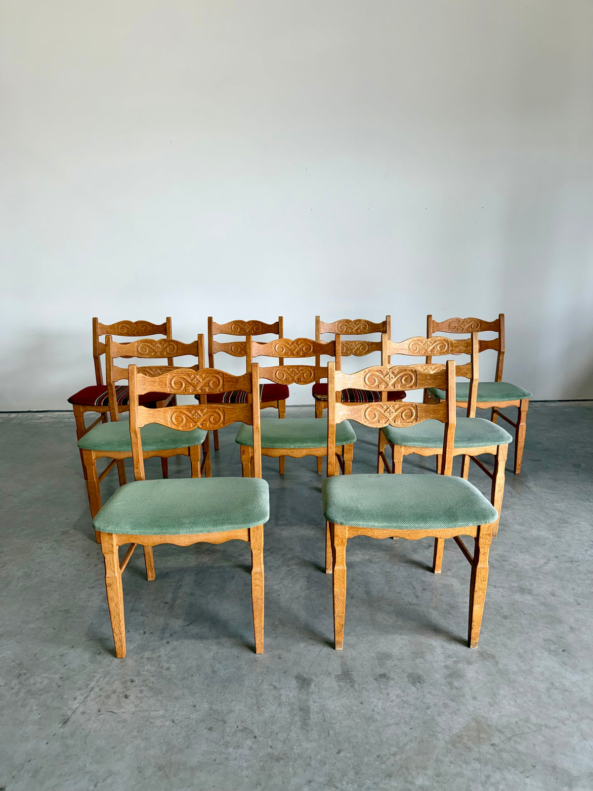 Henning Kjaernulf Danish Oak Carved Back Dining Chairs, Set of 9
