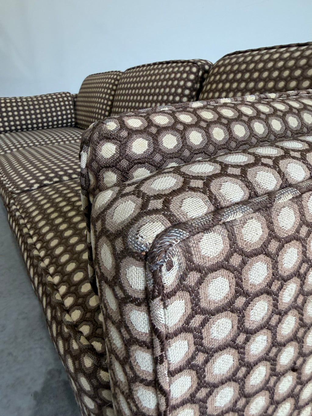 Mid Century Modern Mod Circles Print Plinth Base Sofa