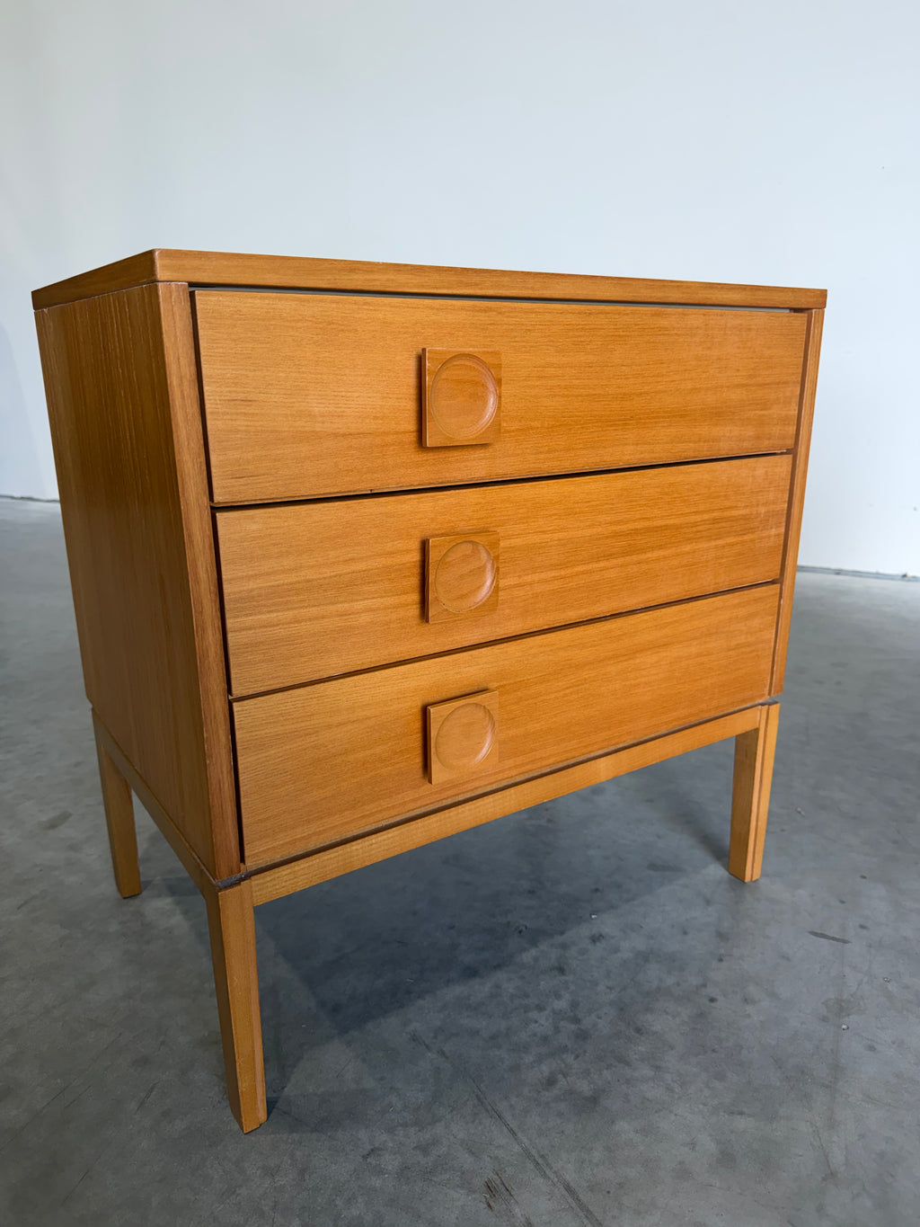 Pair of Mid Century Danish Three Drawer Chests, Bedside Tables