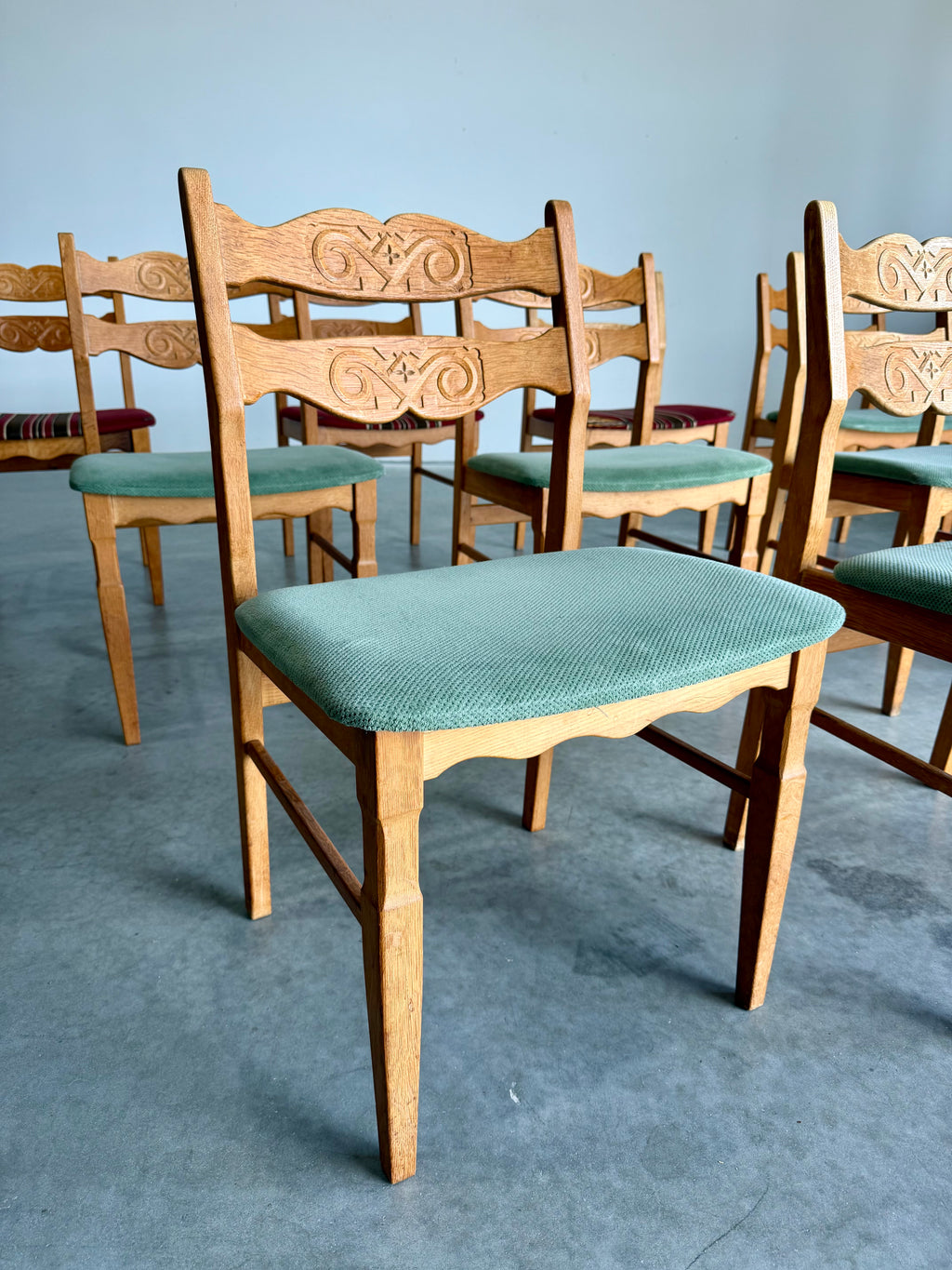 Henning Kjaernulf Danish Oak Carved Back Dining Chairs, Set of 9