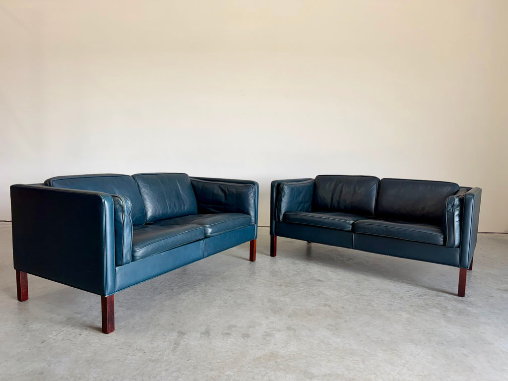 Vintage Navy Leather 2 Seat Sofa by Borge Mogensen