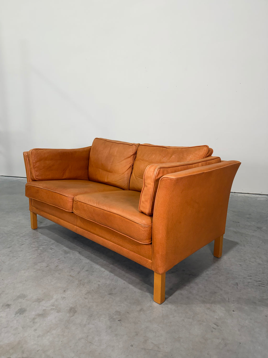 Vintage Mid Century Danish Caramel Leather Mogens Hansen Loveseat