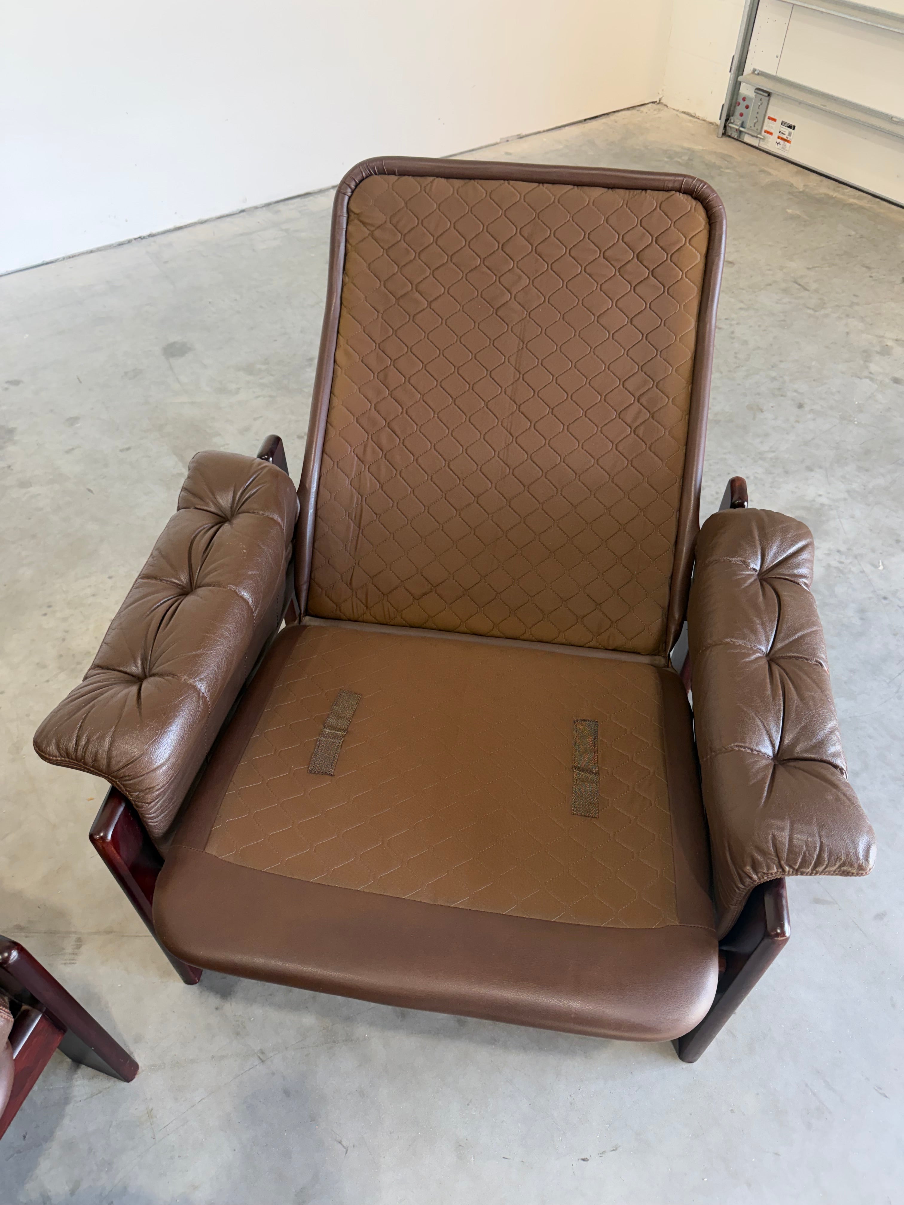 Pair of Vintage Brown Leather Reclining Lounge Chairs, Skipper Mobler