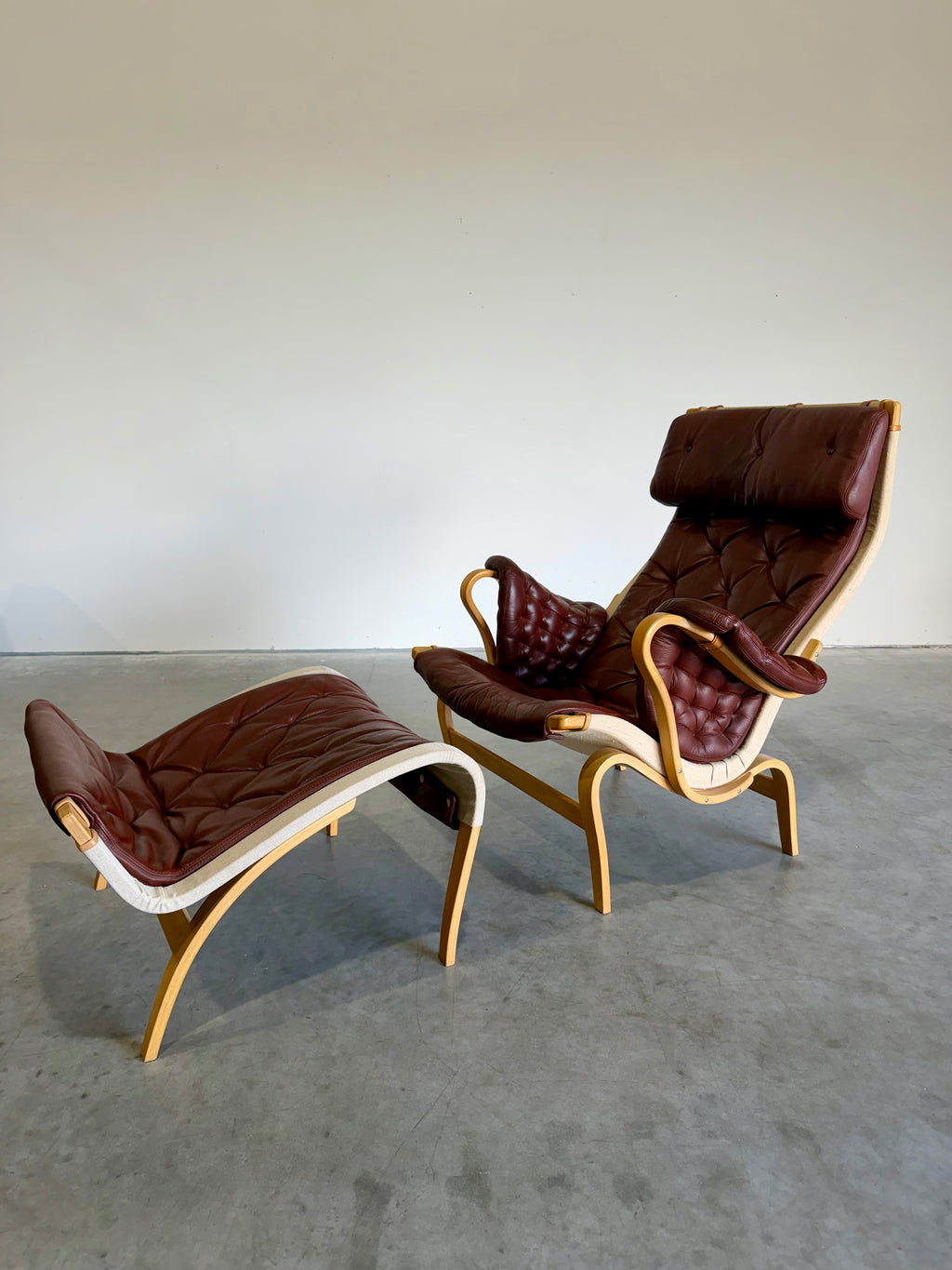 Bruno Mathsson for DUX Brown Leather Pernilla Lounge Chair and Ottoman