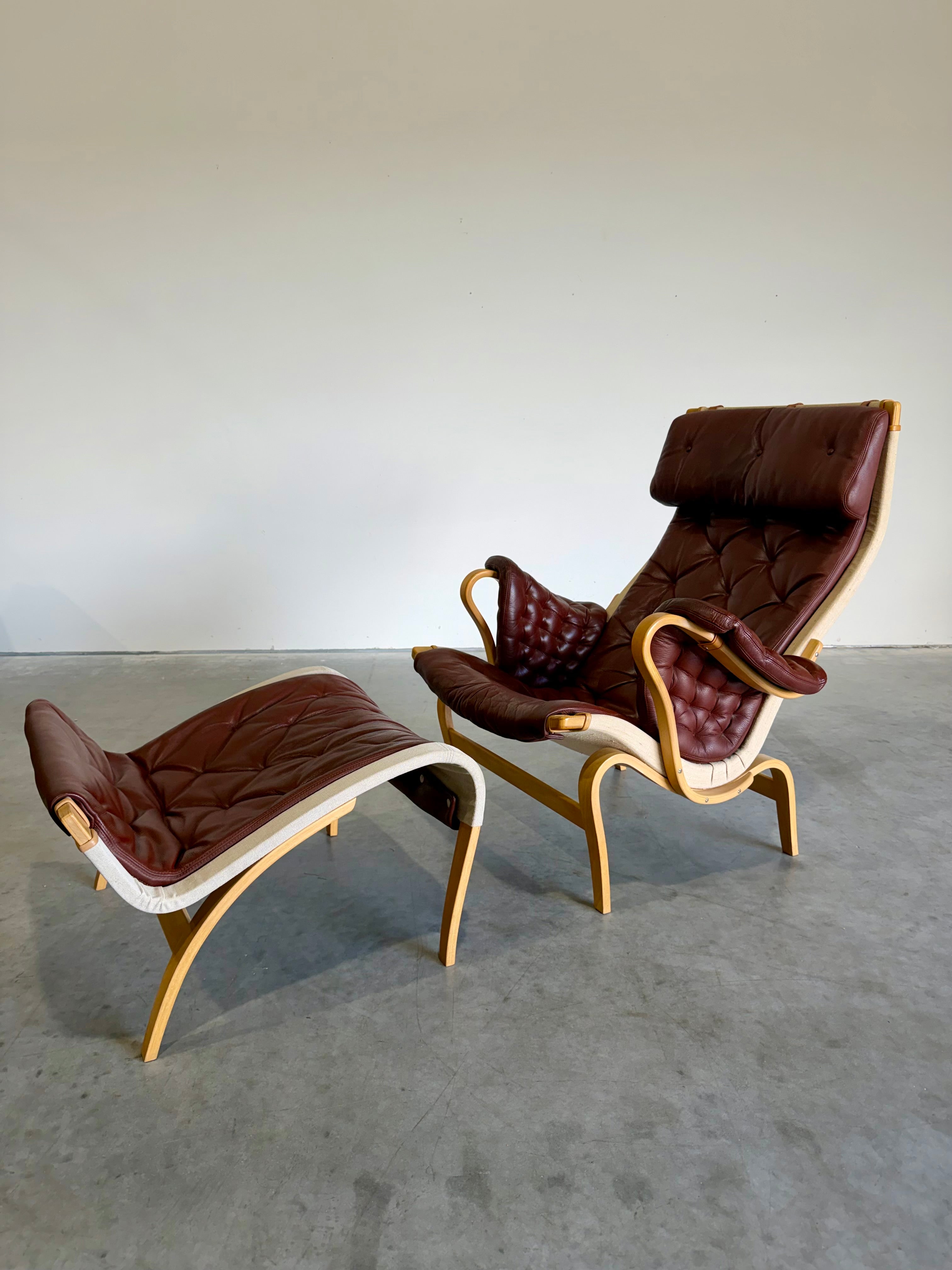 Bruno Mathsson for DUX Brown Leather Pernilla Lounge Chair and Ottoman