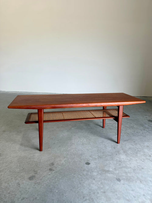 Mid Century Danish Teak and Cane Coffee Table with Magazine Rack