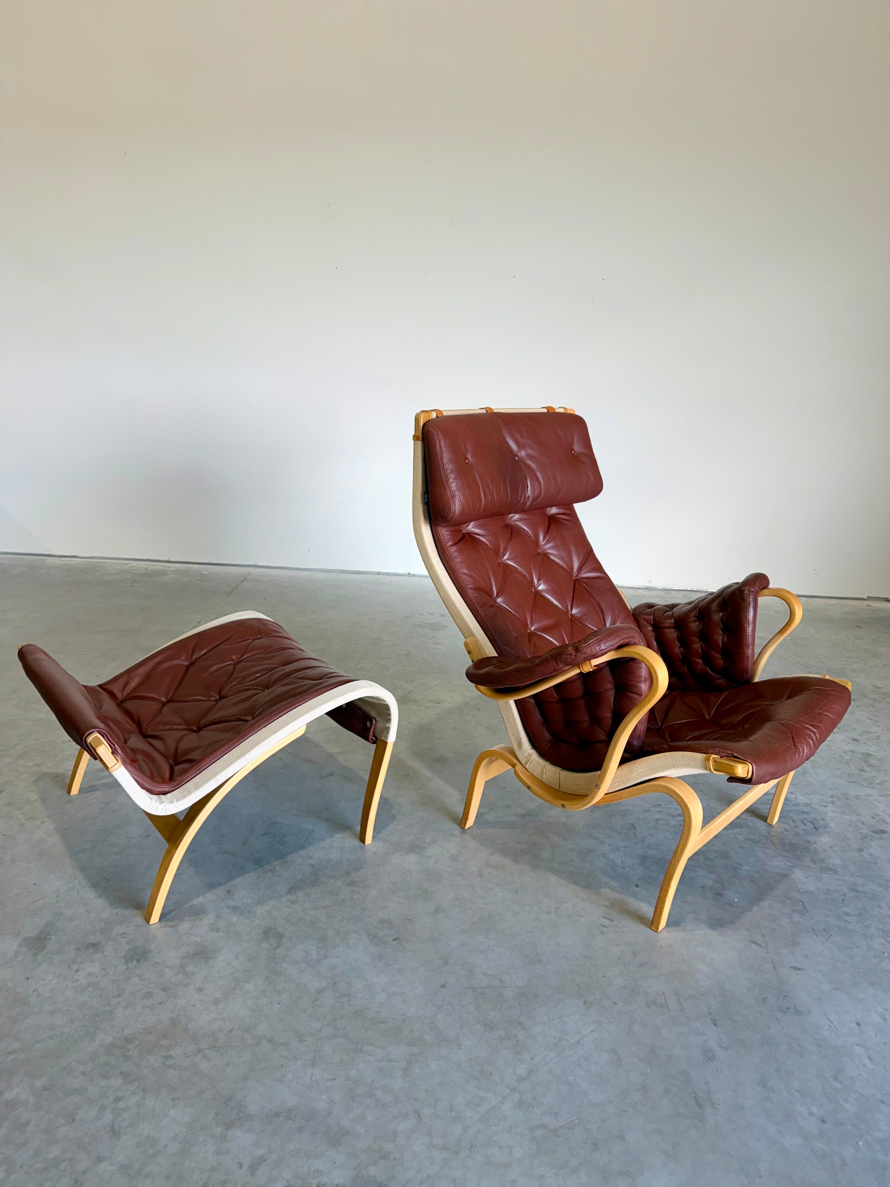 Bruno Mathsson for DUX Brown Leather Pernilla Lounge Chair and Ottoman
