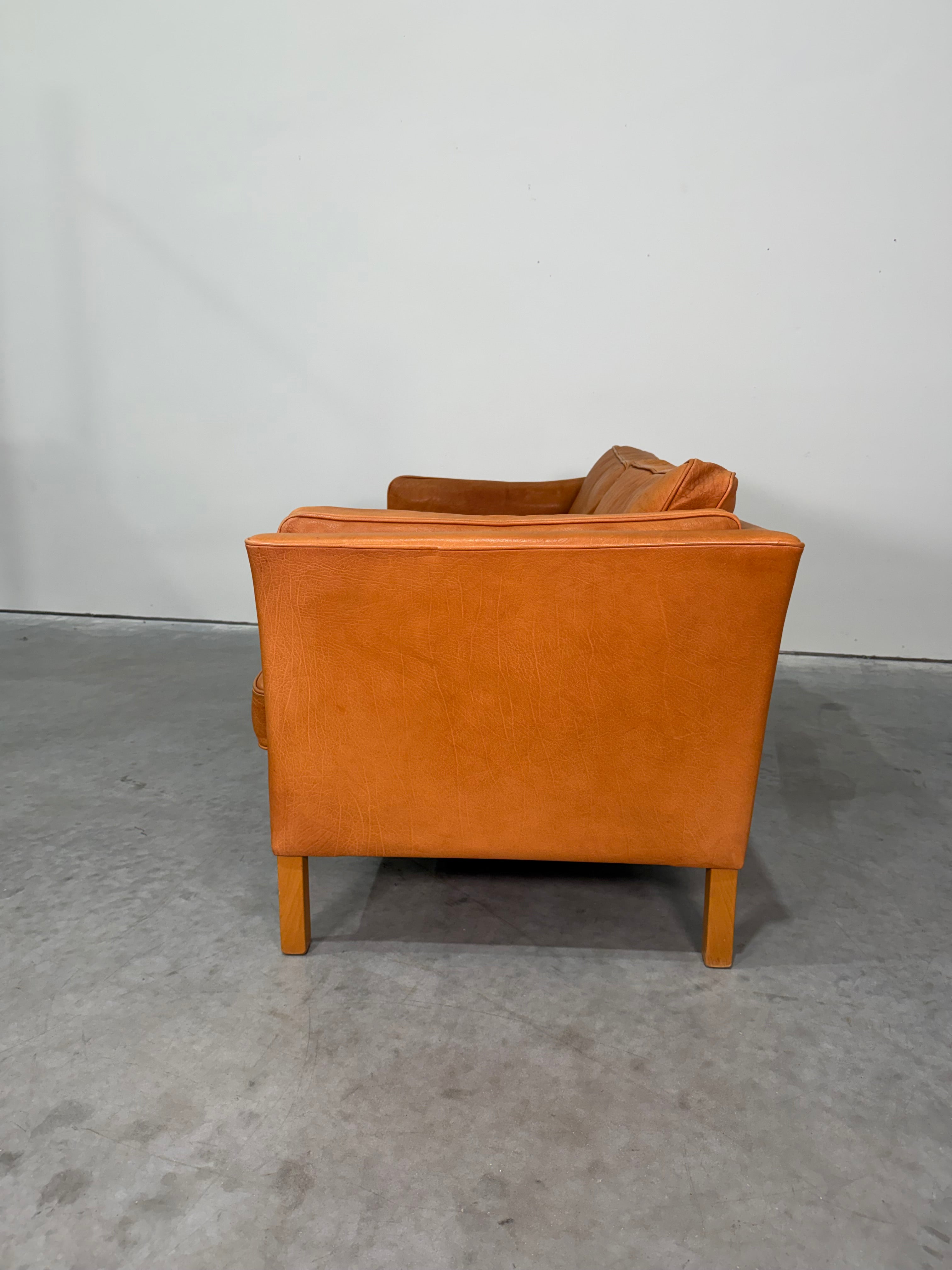Vintage Mid Century Danish Caramel Leather Mogens Hansen Loveseat