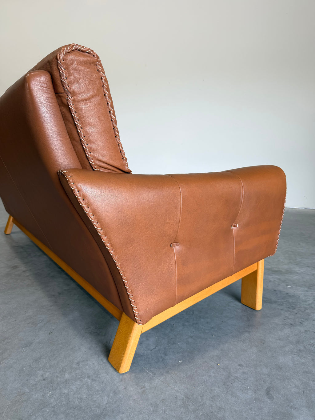 1970’s Danish Caramel Cowboy Leather and Beech 3 Seat Sofa