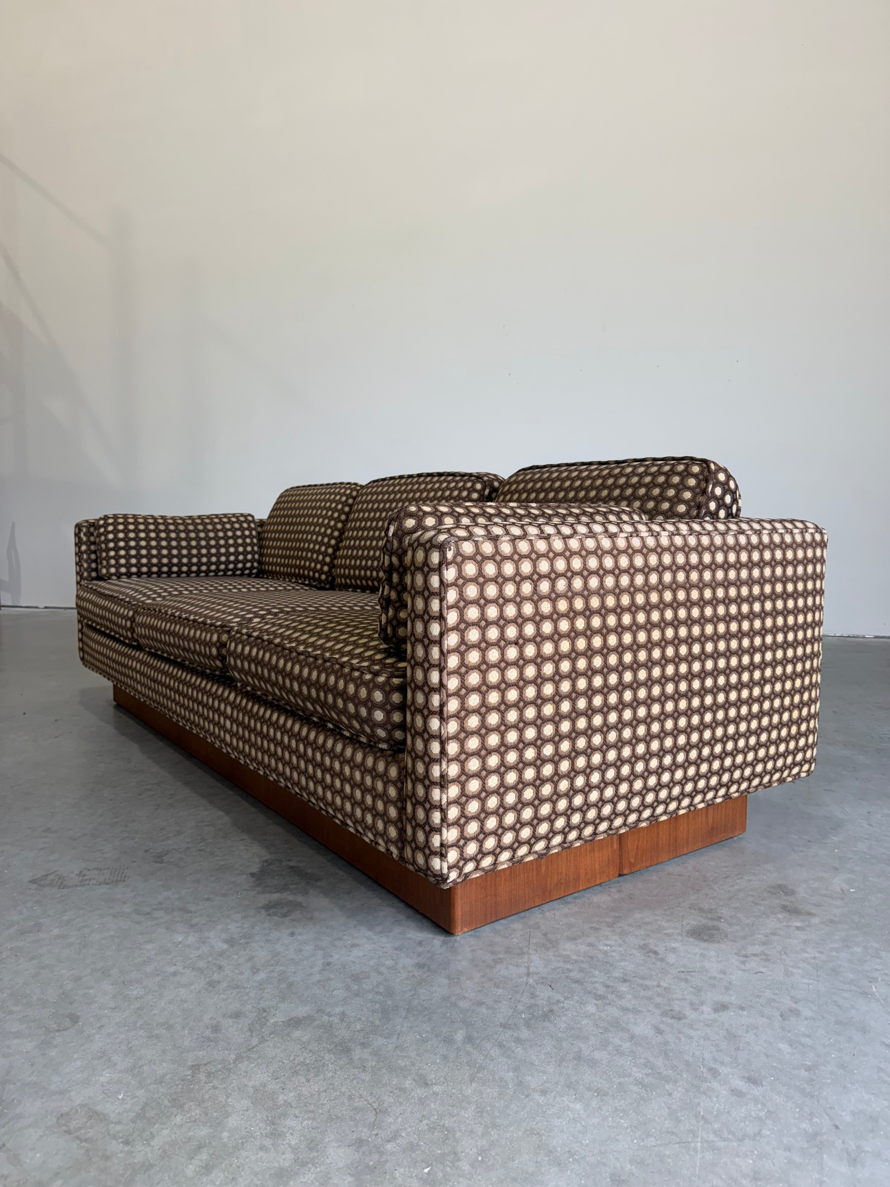 Mid Century Modern Mod Circles Print Plinth Base Sofa