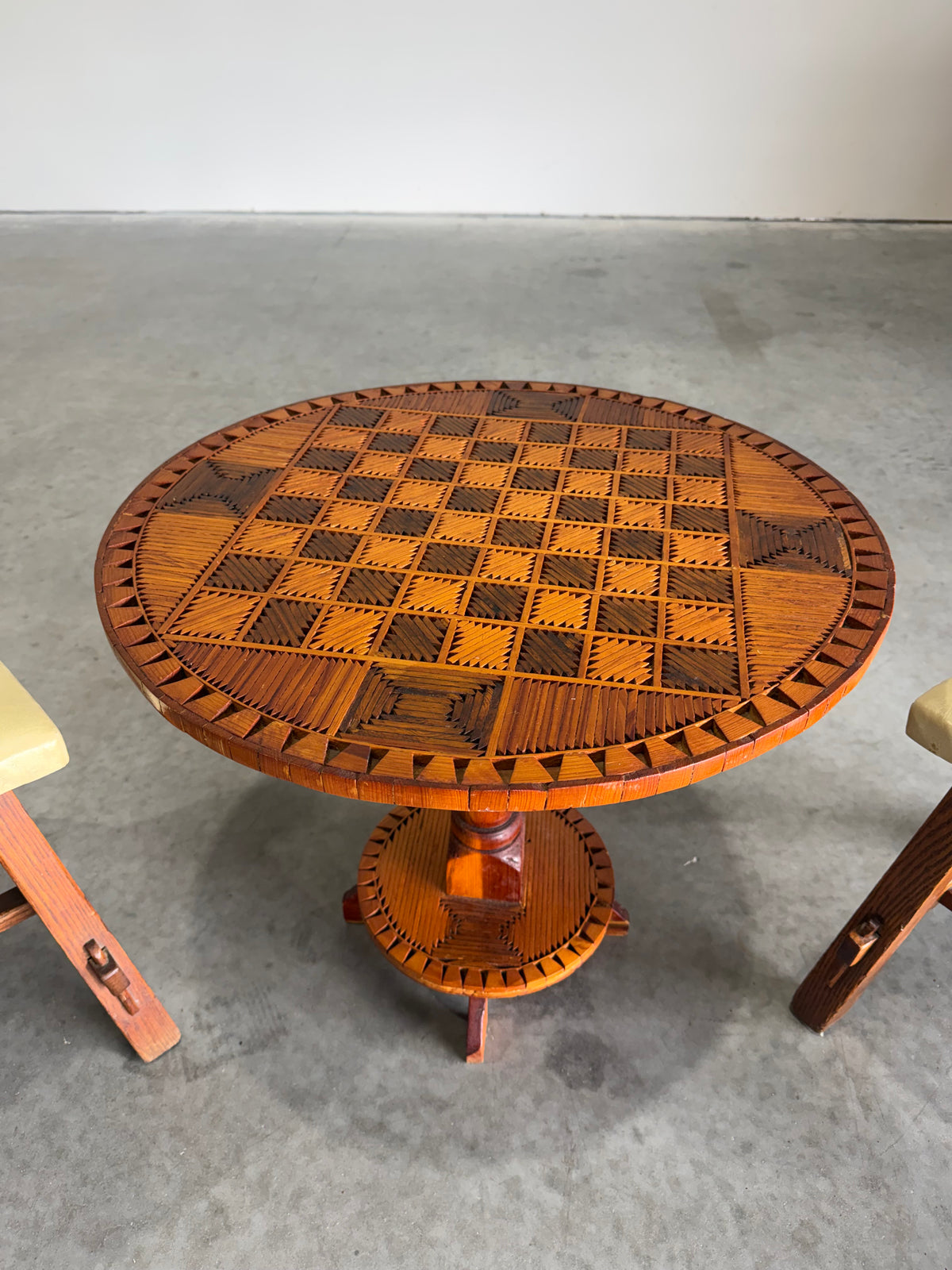 Vintage Tramp Art Chess Top Occasional Side Table, Matchstick Style