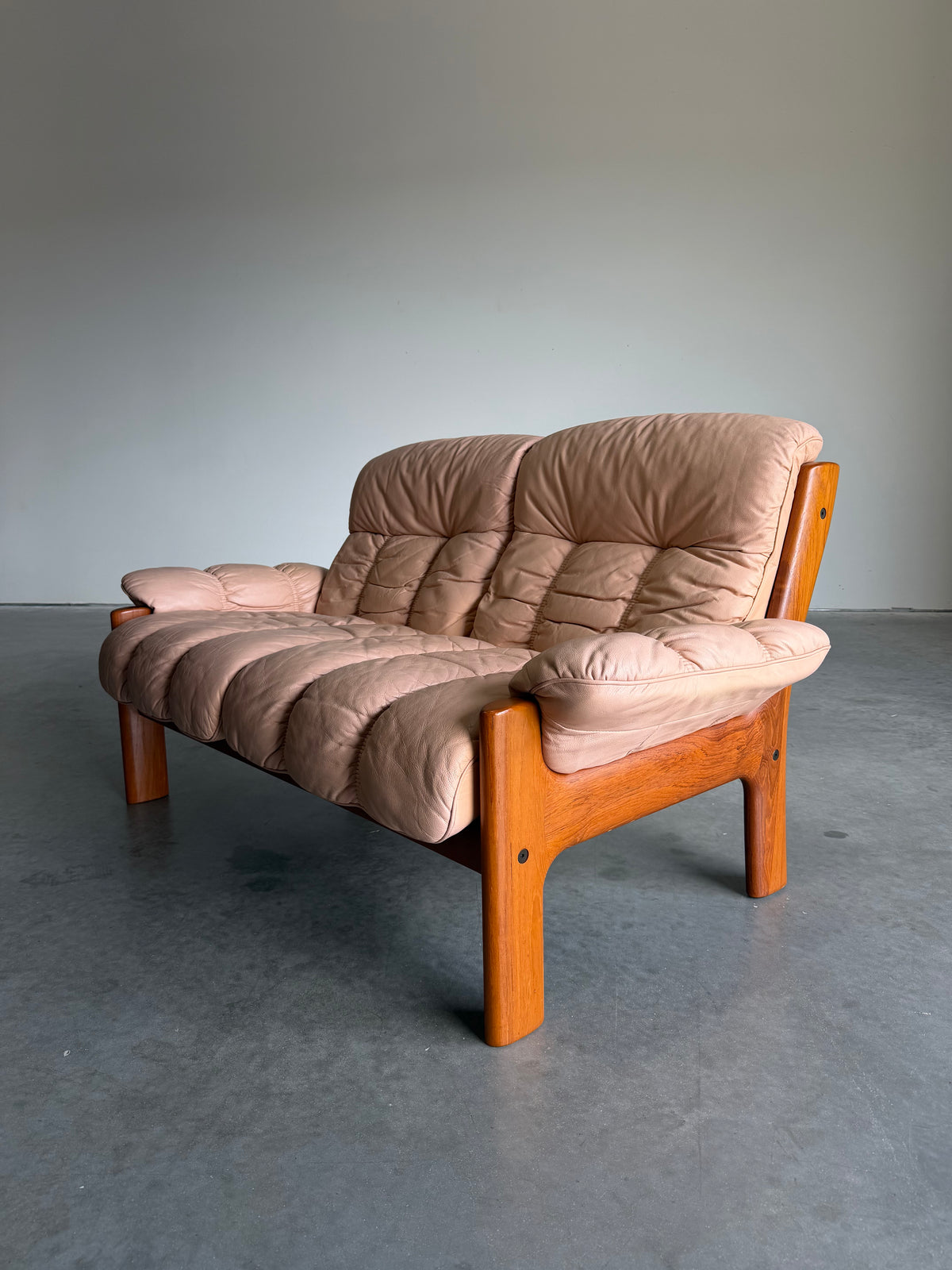 Vintage Ekornes Montana Pale Pink Leather and Teak 2 Seat Sofa