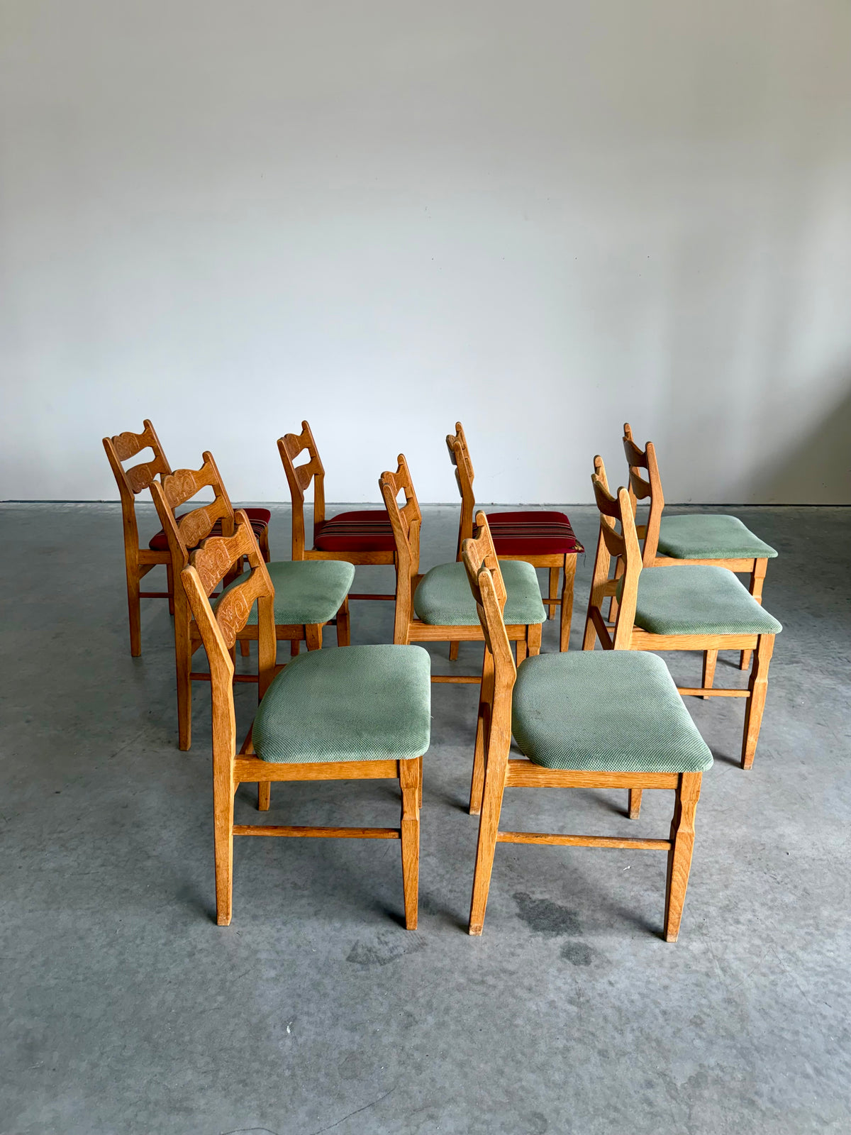 Henning Kjaernulf Danish Oak Carved Back Dining Chairs, Set of 9