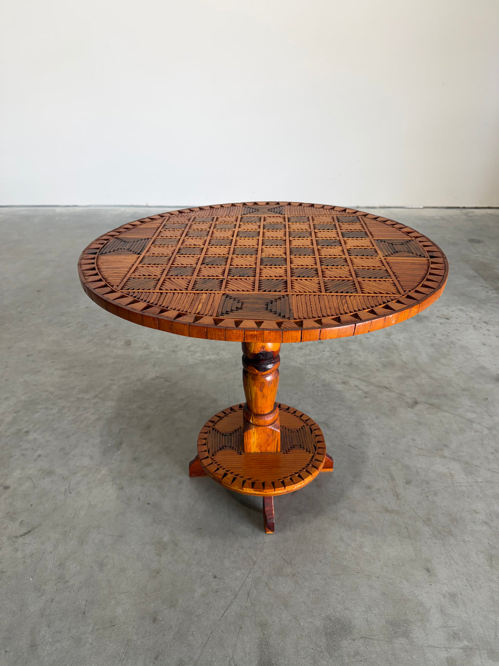 Vintage Tramp Art Chess Top Occasional Side Table, Matchstick Style