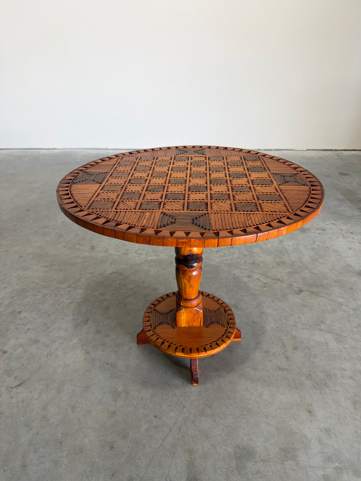 Vintage Tramp Art Chess Top Occasional Side Table, Matchstick Style