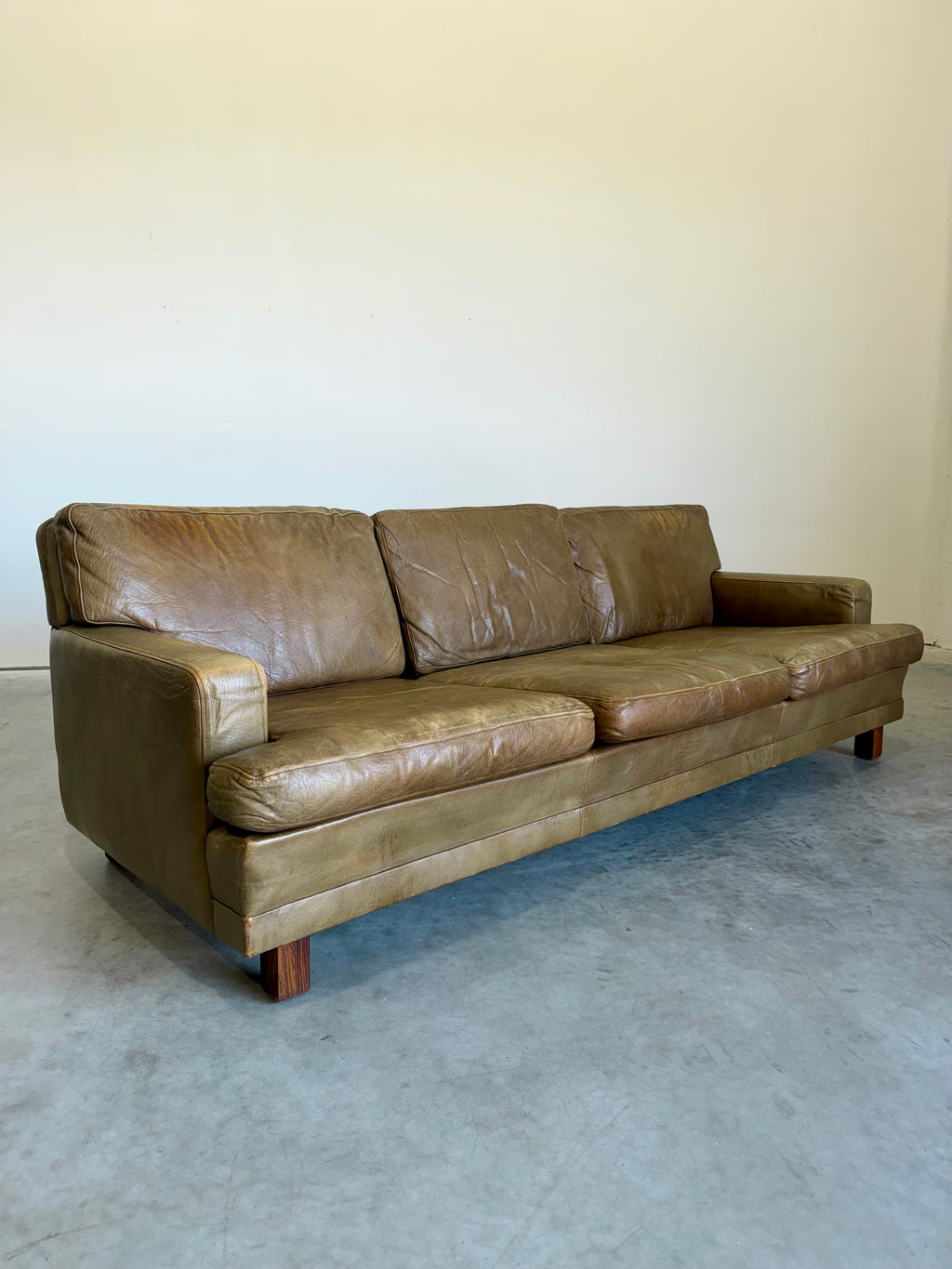 Mid Century Swedish Arne Norell Style Olive Leather and Rosewood Sofa