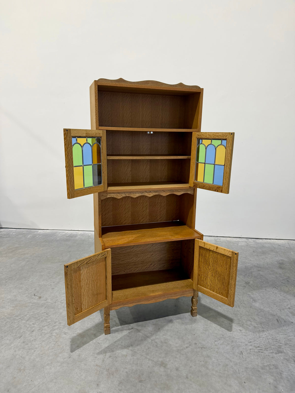 Vintage Henning Kjaernulf Danish Oak and Stained Glass Bookcase Cabinet