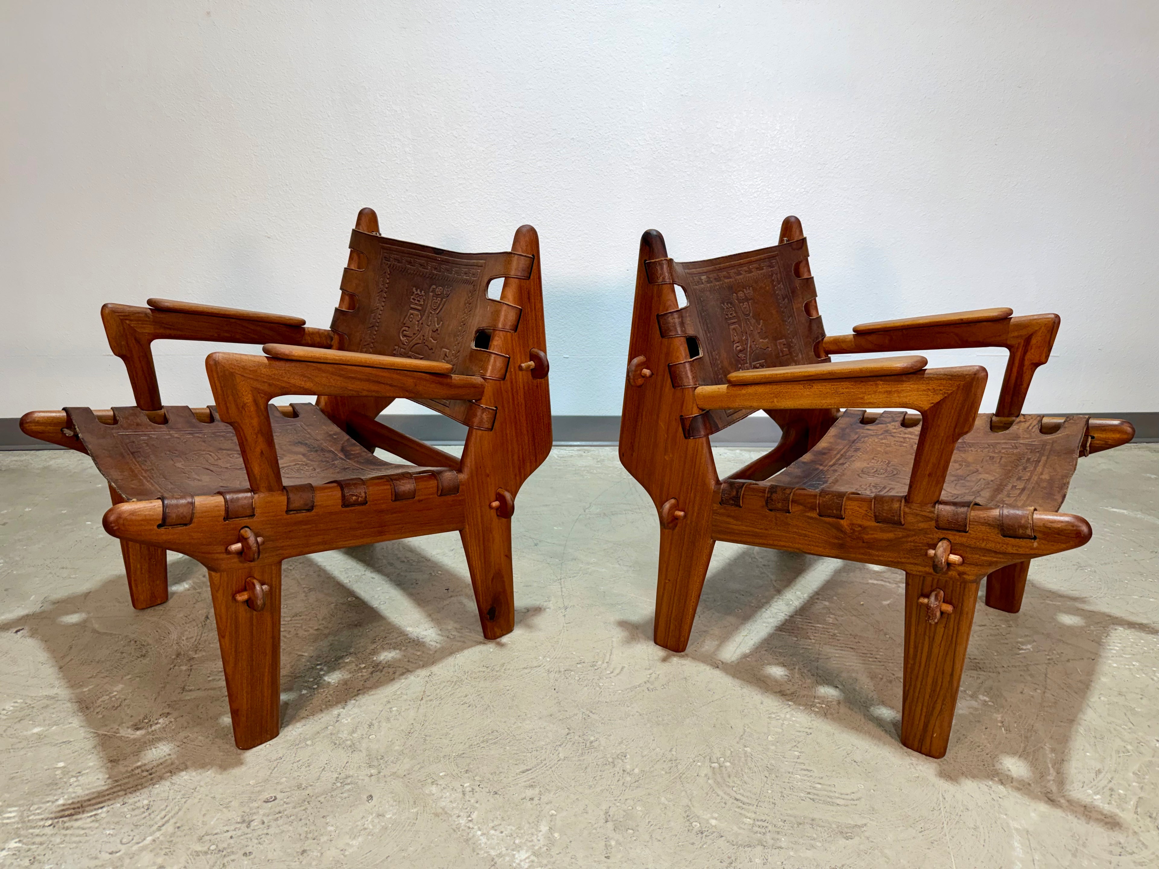 Pair of Mid Century Hand Tooled Leather Angel Pazmino Safari Lounge Chairs