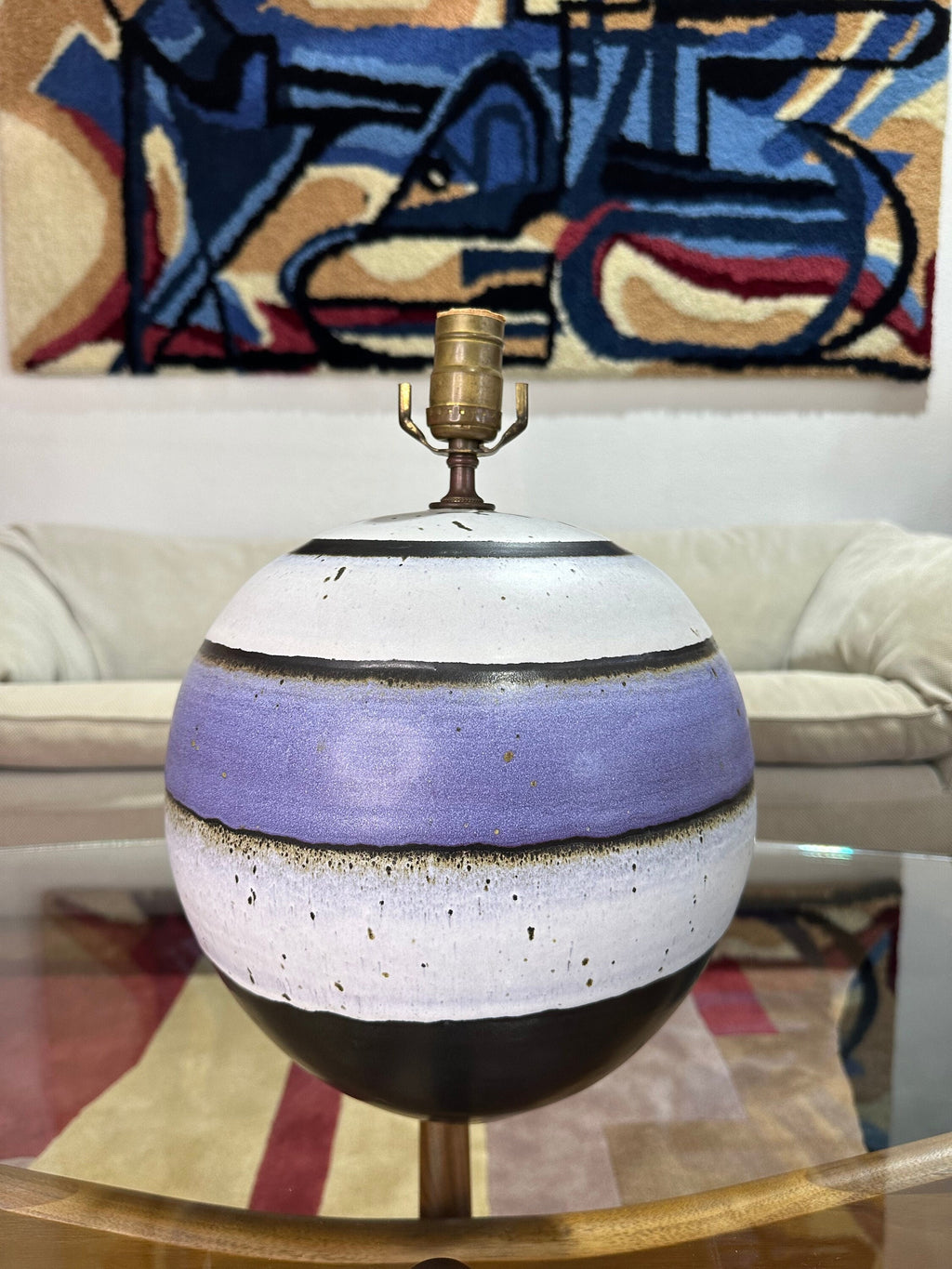 Mid Century Purple, Black and White Signed Studio Pottery Lamp