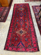 Vintage Hand Knotted Persian Tribal Geometric Pink, Red and Blue Runner Rug