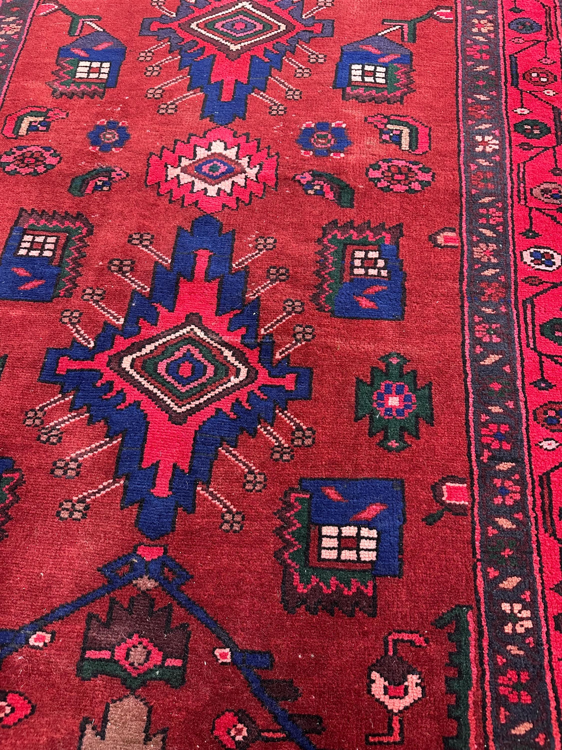 Vintage Hand Knotted Persian Tribal Geometric Pink, Red and Blue Runner Rug