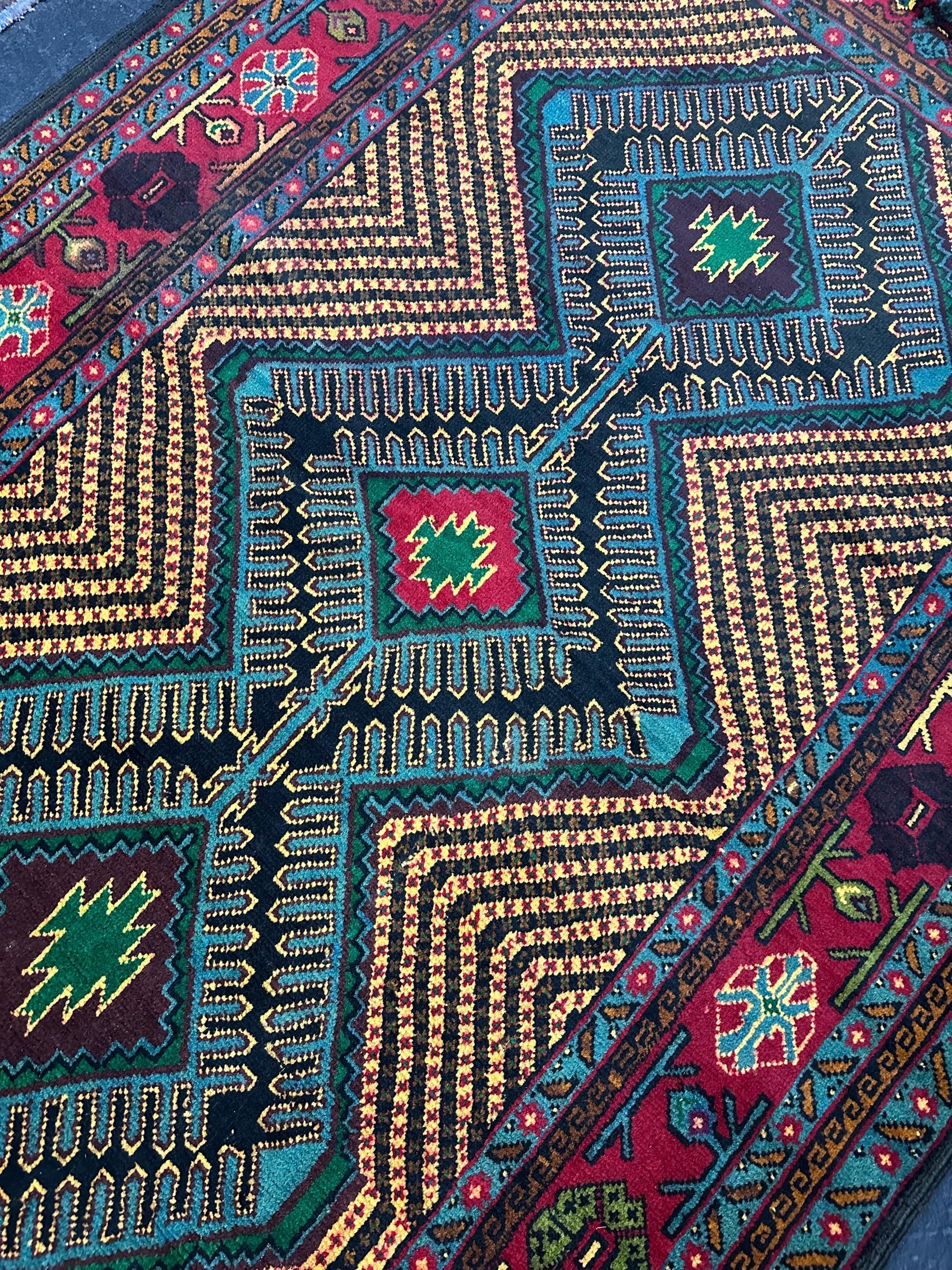 Vintage Hand Knotted Wool Geometric Design Afghan Tribal Geometric Rug 3’7” x 6’