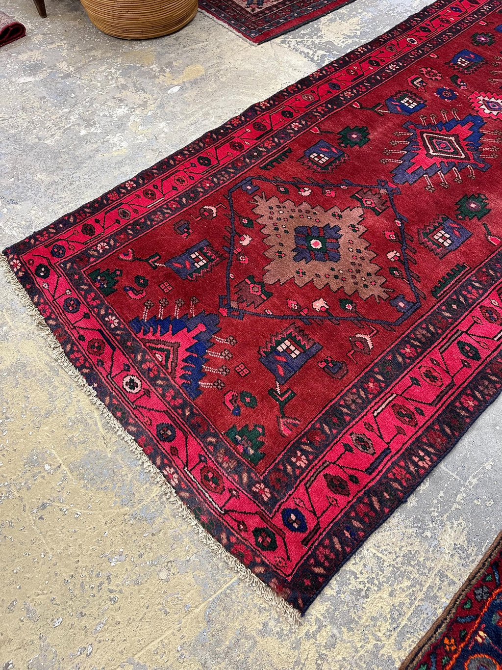 Vintage Hand Knotted Persian Tribal Geometric Pink, Red and Blue Runner Rug