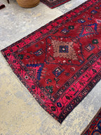 Vintage Hand Knotted Persian Tribal Geometric Pink, Red and Blue Runner Rug
