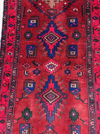 Vintage Hand Knotted Persian Tribal Geometric Pink, Red and Blue Runner Rug